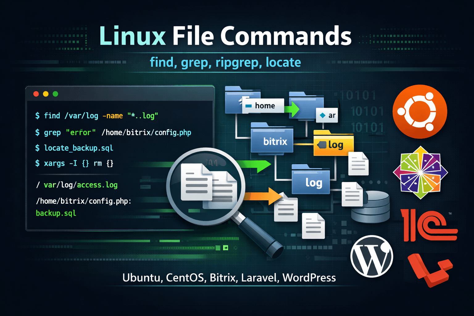 Linux-команды для работы с файлами и поиском: Ubuntu, CentOS и практические примеры для Bitrix, Laravel и WordPress