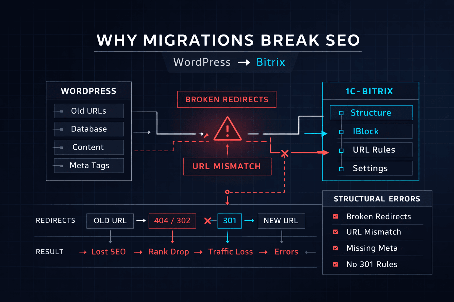 Почему миграции с WordPress на Bitrix рушат SEO